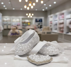 Handmade White Pearl Rhinestone Baby Crib Shoes Organza Christening Wedding 0-3m