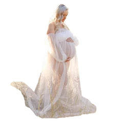 Dot Mesh Off-shoulder Puff Sleeve Pregnant Women Mopping Dress