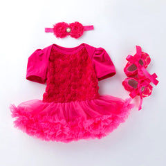 Three-piece composite rose short-sleeved dress and shoes
