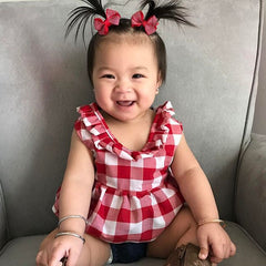 Children Plaid Top Denim Shorts Headdress Three-piece Set