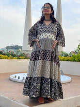 Mixed Patterns Black and Ivory Hand-Block 5-Tier Maternity Dress