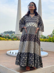 Mixed Patterns Black and Ivory Hand-Block 5-Tier Maternity Dress