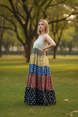 Mixed Patterns Hand-Block 5-Tier Spaghetti Maternity Dress