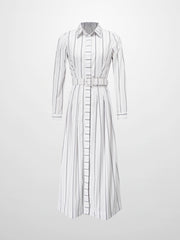 Jeweled Collar Belted Shirtdress-White Pinstripe