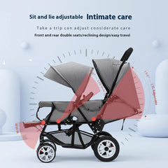 Twin Stroller Foldable With Front And Rear Seats For Two Kids