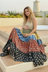 Mixed Patterns Hand-Block 5-Tier Spaghetti Maternity Dress