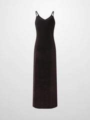 V-Neck Velour Slip Dress-Brown