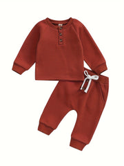 Toddler Thicken Waffle Clothes Set Boy Girls Buttons Round