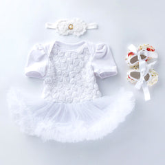 Three-piece composite rose short-sleeved dress and shoes