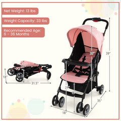 Toddler Travel Stroller for Airplane with Canopy and Adjustable Backrest-Pink - Color: Pink