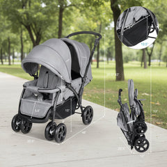 Foldable Lightweight Front Back Seats Double Baby Stroller-Gray - Color: Gray