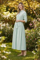 Cotton Yoke Gathered Dress-Mint