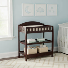 Modern Dark Brown Wooden Baby Changing Table with Safety Rail Pad and Strap