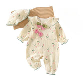 Color: Beige, Kid Size: 24M - 2025 Spring Autumn Newborn Baby Girl Clothes Cute Floral PrintLong Sleeve Jumpsuit with Matching Hat