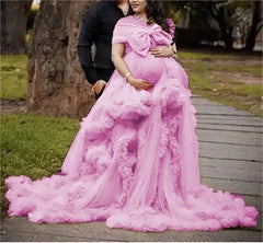 Color: Pink, Maternity Size: 4, Ships From: CHINA - BIG BOW Tulle Ruffle maternity dresses photoshoot baby shower ???? ? ?????? ?? ??&
