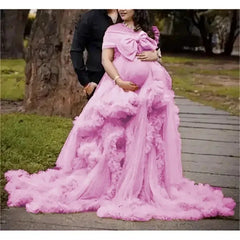 Color: Pink, Maternity Size: 4, Ships From: CHINA - BIG BOW Tulle Ruffle maternity dresses photoshoot baby shower ???? ? ?????? ?? ??&