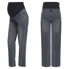 Premama Clothes Maternity Moms Jeans Adjustable High Waist Trousers Pregnant Women Casual Wide-Leg Denim Pants with Pockets
