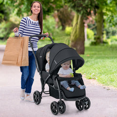 NNECW Folding Double Baby Stroller with Tandem Seating & Canopy for Toddlers-Black