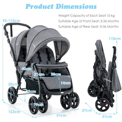 NNECW Folding Double Baby Stroller with Tandem Seating & Canopy for Toddlers-Grey