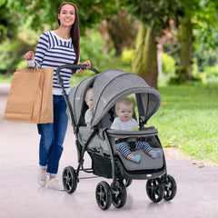 NNECW Folding Double Baby Stroller with Tandem Seating & Canopy for Toddlers-Grey