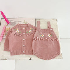 Newborn Handmade Flower Two-piece Knitted Cardigan Jumpsuit