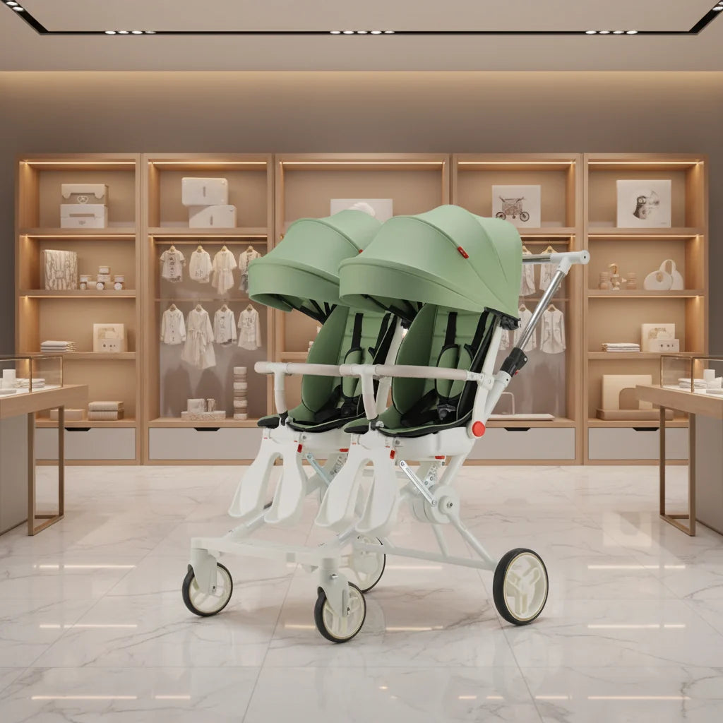 Twin Stroller Foldable Portable Four Wheel Infant Carriage
