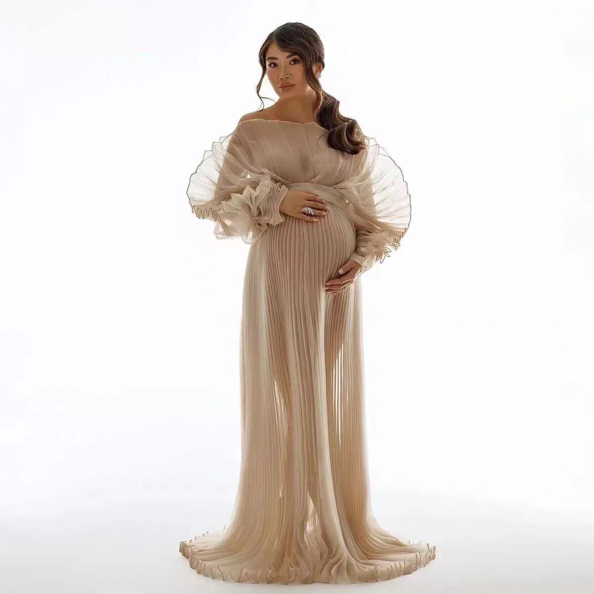 See-Through Pregnant Women With Big Belly Photo Pleated Organ Long Dress