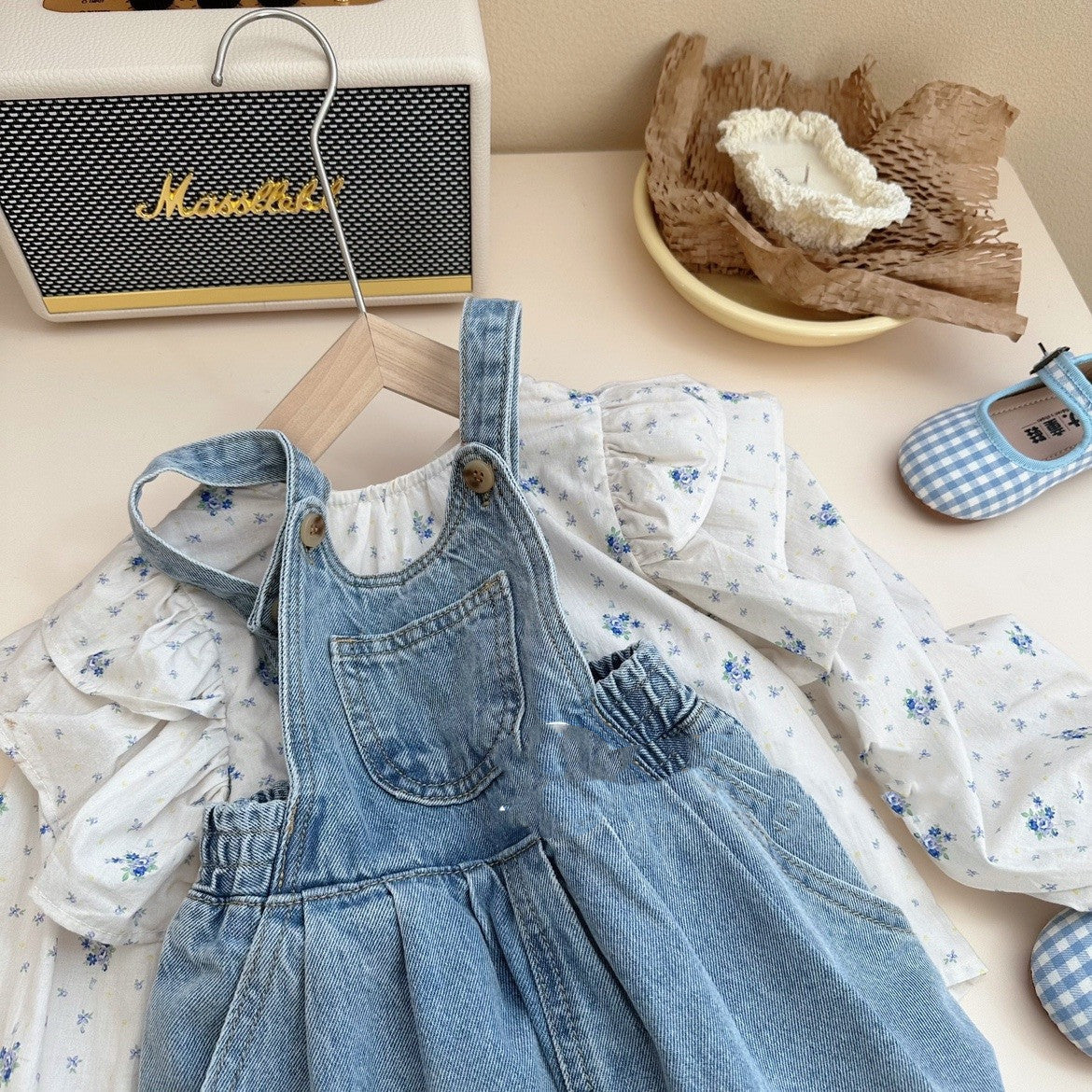 Children's Clothing Girls' Denim Brace Shorts Long-sleeved Floral Shirt