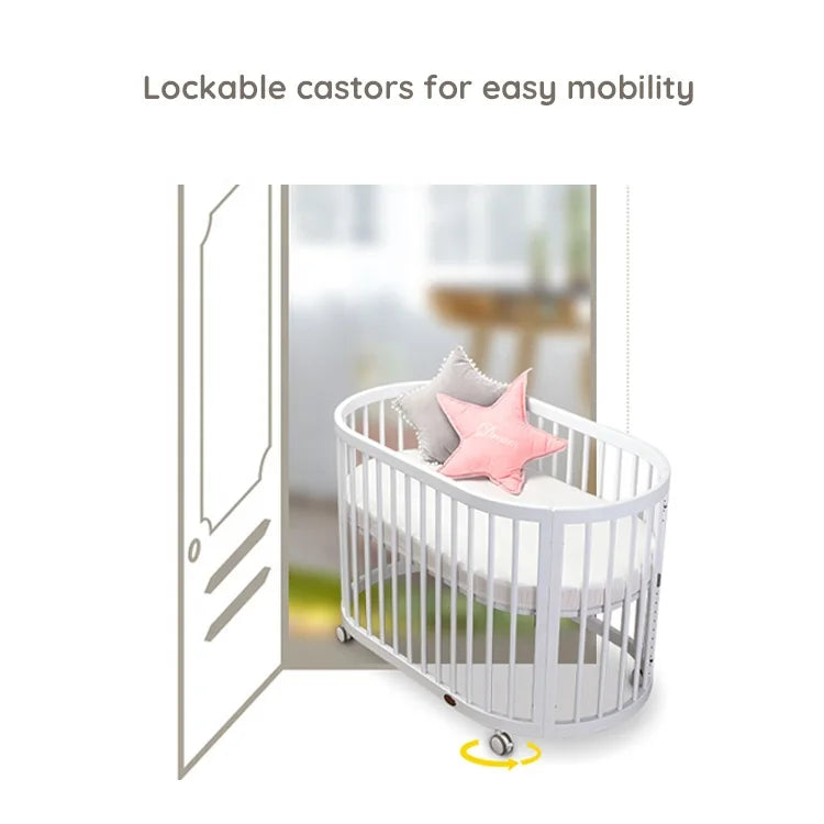 Only B2B Boori Adjustable Height Oval Newborn Baby Crib Wooden Cot with Wheels