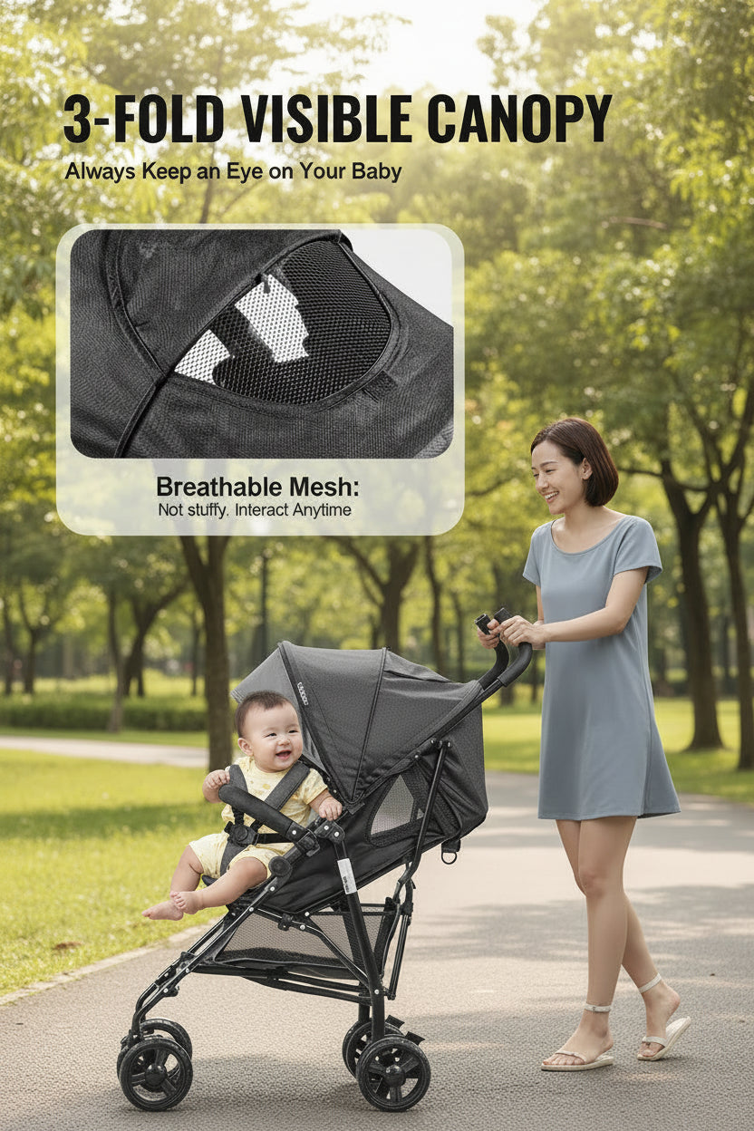 Lightweight Stroller, Compact Easy Fold MultiPosition Recline Canopy Backrest, Carbon Steel Frame, Large Storage Basket,Cup Holder, Umbrella Toddler Baby Stroller For Travel, Dark Gray/Black