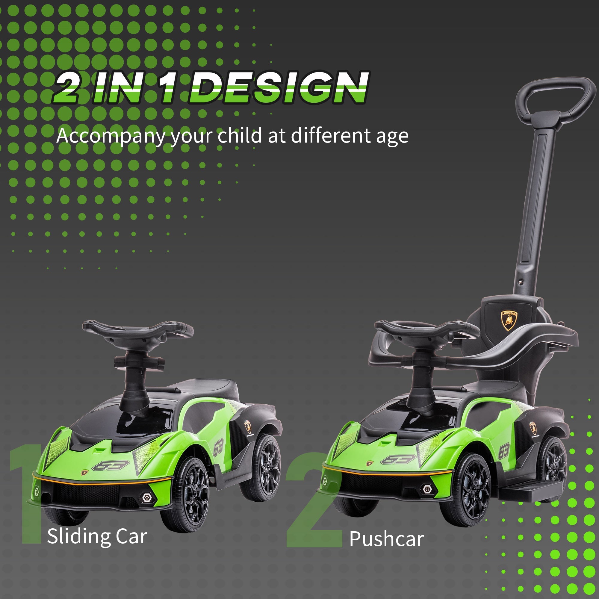 Kids 2-In-1 Lamborghini Ride-On And Stroller, With Horn - Green