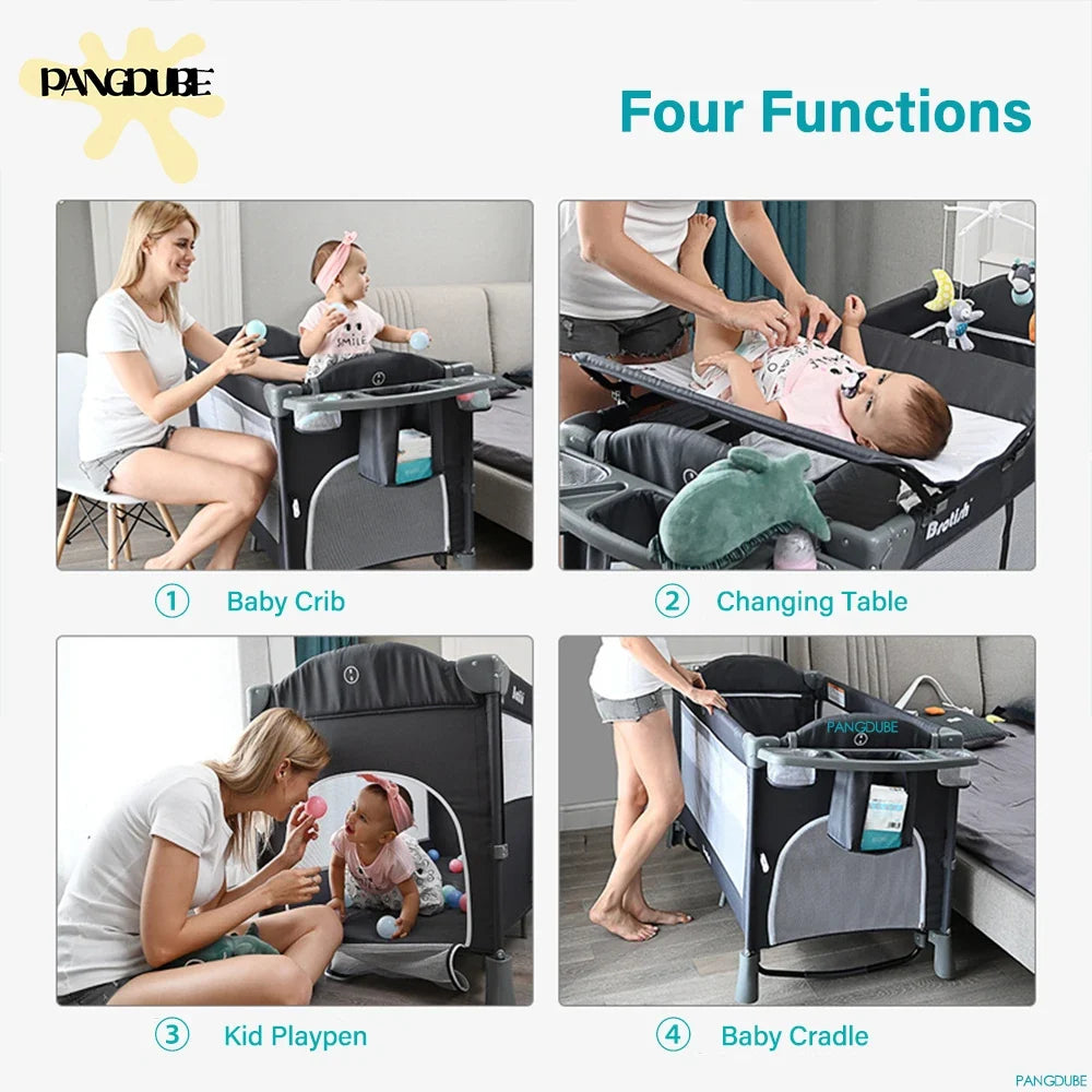 PANGDUBE 4-in-1 Baby Crib Multifunctional Convertible Bed with Rocker & Baby Playpen Newborn Changing Table Foldable Travel Cot