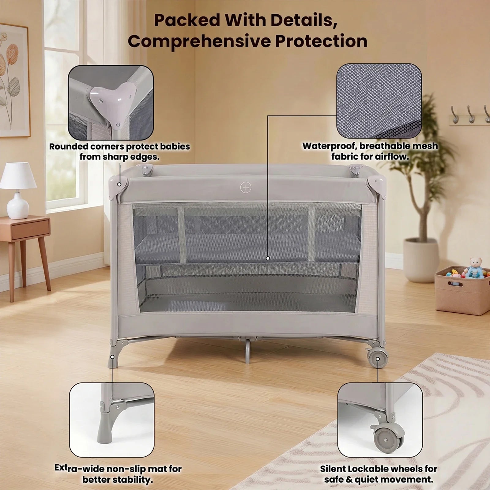 Foldable Travel Cot Set with Soft Mattress, Wheels & Travel Bag, Fast & Compact Folding for Newborn Toddler Indoor Outdoor Use