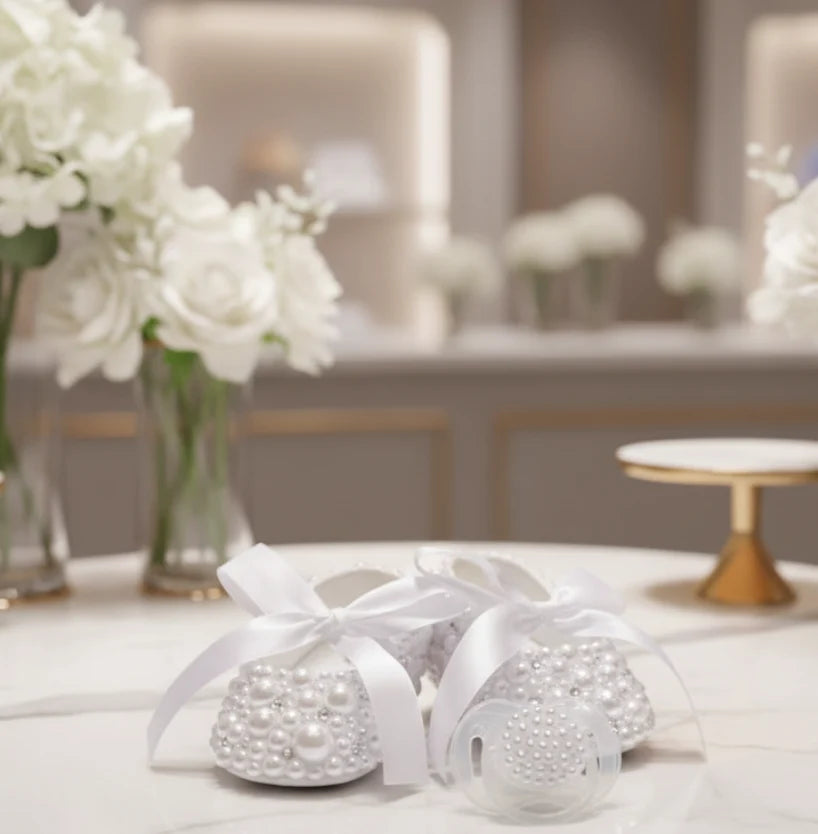 Handmade White Pearl Rhinestone Baby Crib Shoes Organza Christening Wedding 0-3m