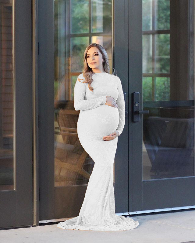 Women's Lace Maternity Round Neck Collar Trailing Long Dress
