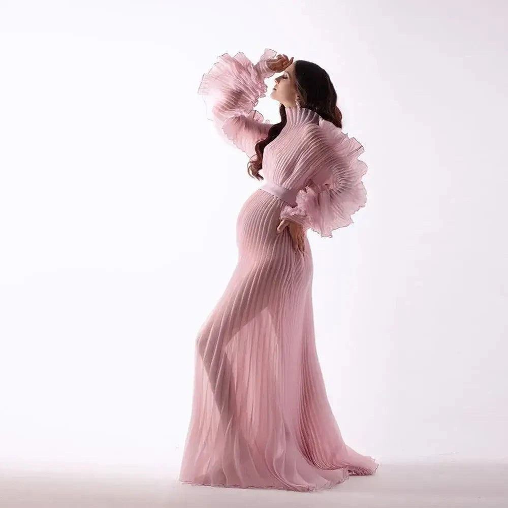 See-Through Pregnant Women With Big Belly Photo Pleated Organ Long Dress