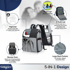 GillyGro Pro | 5-in-1 Parent Backpack with Inbuilt Booster & 13" Laptop Pocket