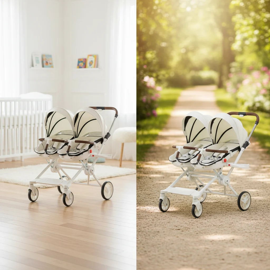 Twin Stroller Foldable Portable Four Wheel Infant Carriage