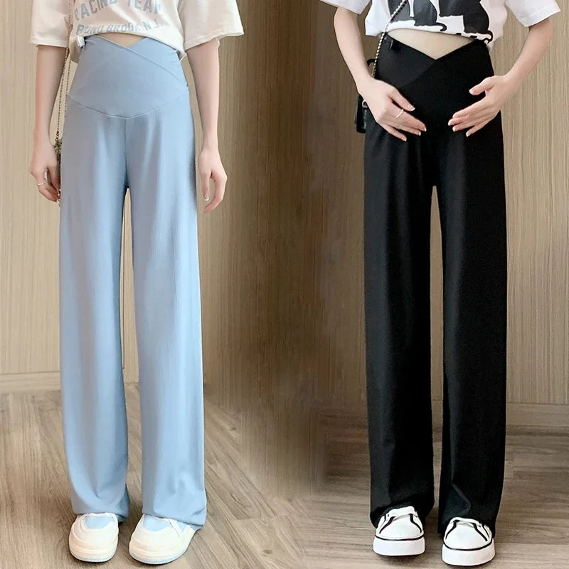 Maternity Straight Pants Summer Thin Cool Cotton Low Waist U Belly Clothes For Pregnant Women Wide Leg Loose Pregnancy Trousers