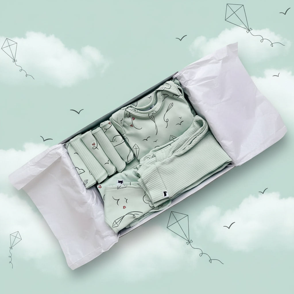 Kite Dreams And Seafoam Rib Bamboo Baby Capsule Gift Box SootheKnit Limited
