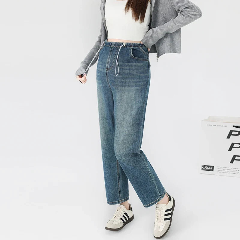 Maternity Drawstring Straight Jeans Pregnancy Women's 2025 New Hot Style High Waisted Loose Slimming Cropped Cigarette Pants