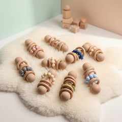 Natural Beech Wood Baby Teething Rattle With Gentle Soothing Sound