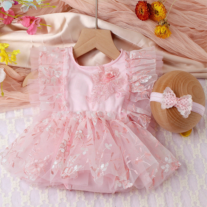Two-piece Newborn Embroidery Floral Lace Mesh Jumpsuit