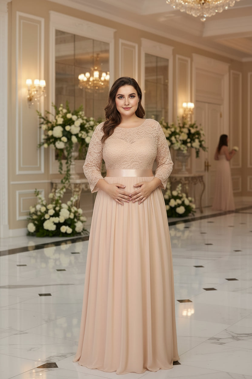 Plus Size Long Evening Gown With Floral Lace For Maternity