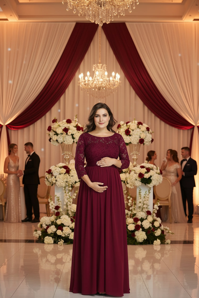 Plus Size Long Evening Gown With Floral Lace For Maternity