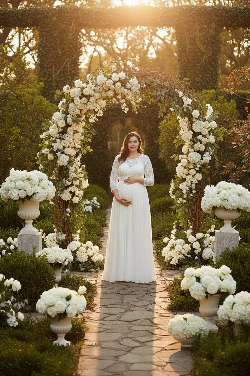 Plus Size Long Evening Gown With Floral Lace For Maternity