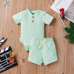 Spring Hot Style Children'S Five-Color Pit Strip Stand Collar Button Short Sleeve Two-Piece Suit
