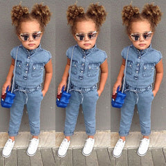 Short-Sleeved Girls Denim Jumpsuit For Kids In Summer Fashion Romper