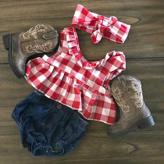 Children Plaid Top Denim Shorts Headdress Three-piece Set