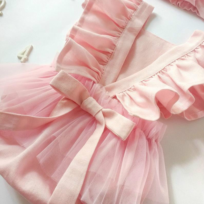 Summer Newborn Cotton And Linen Romper Pure Color Net Yarn Bow Baby Romper